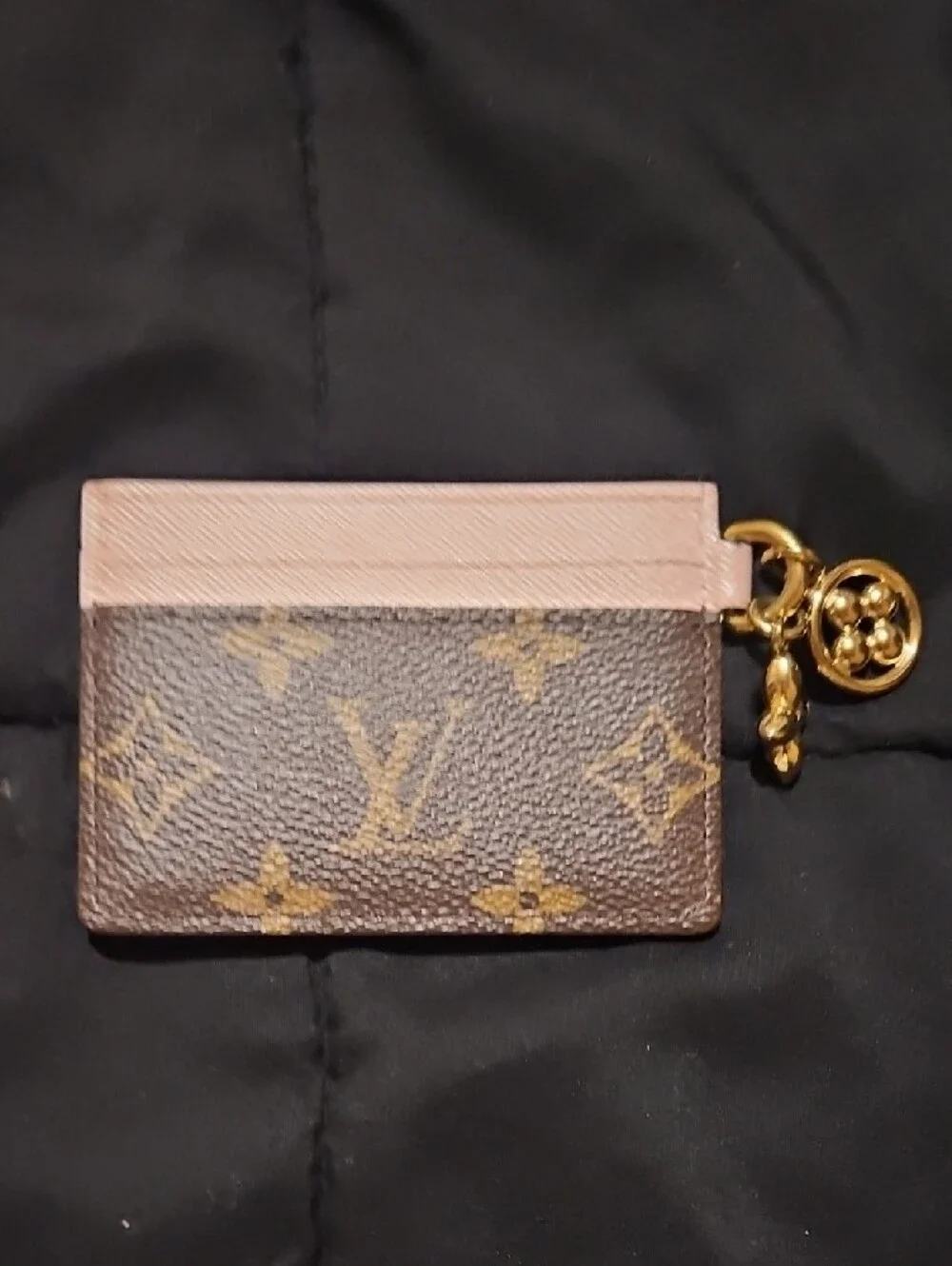 Louis Vuitton Brown Monogram Card Holder with Pink Trim and Gold Charm